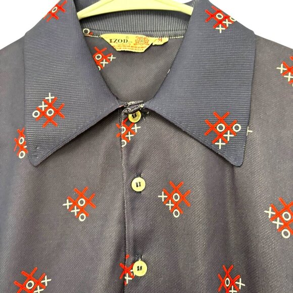 Vintage IZOD Bowling Shirt Button Up Short Sleeve Navy Tic Tac Toe Tag Size M - Picture 3 of 5